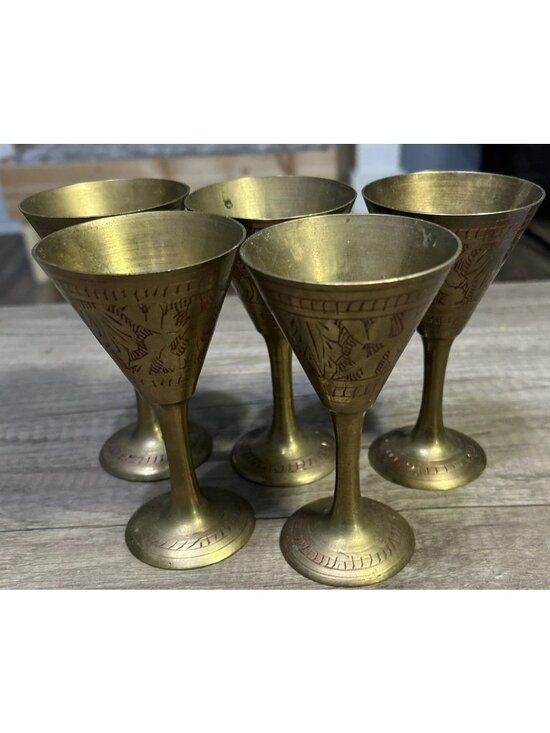 Unknown Other - Set Of 5 Brass Goblets Hand-Etched Decorative Red Detailing Vintage Drinkware